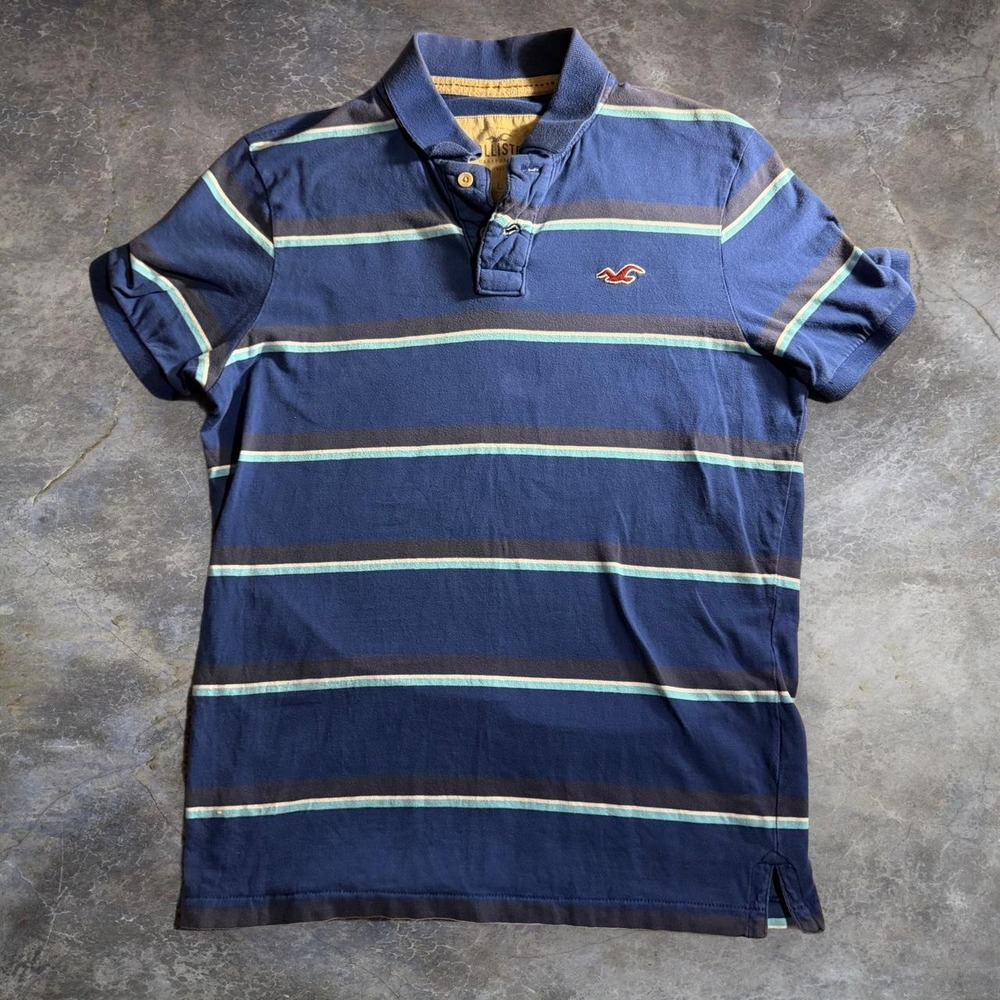 Hollister Co Mens Blue Striped Polo Shirt Short Sleeve Preppy Size L